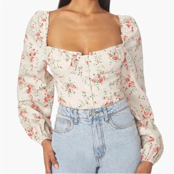 WeWoreWhat Ruched Dainty Floral Top Bustier Pouf Sleeves Cream Pink NEW Large - Picture 2 of 15